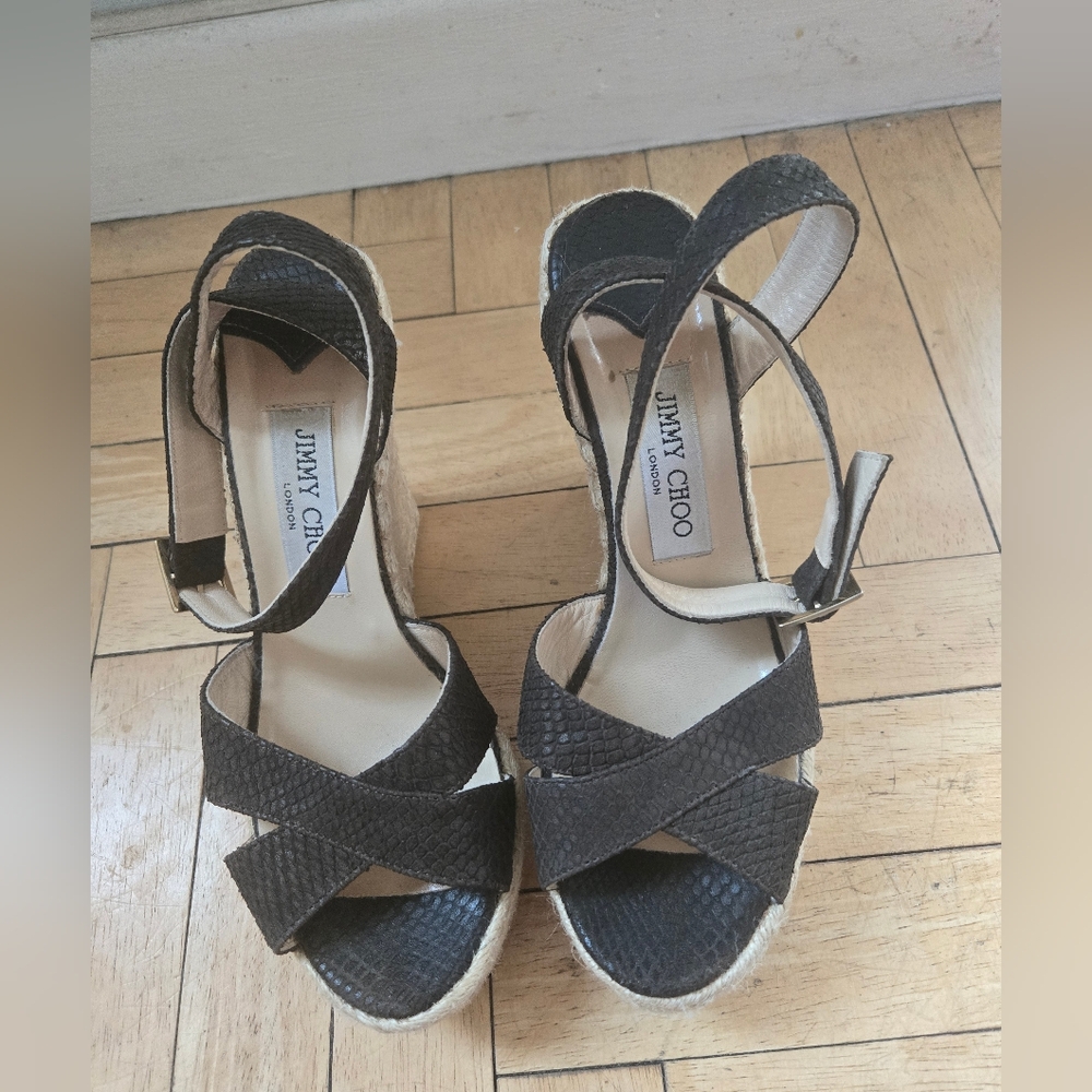Jimmy Choo Black Snakeskin Leather Espadrille Wedge Sandals Platform‎